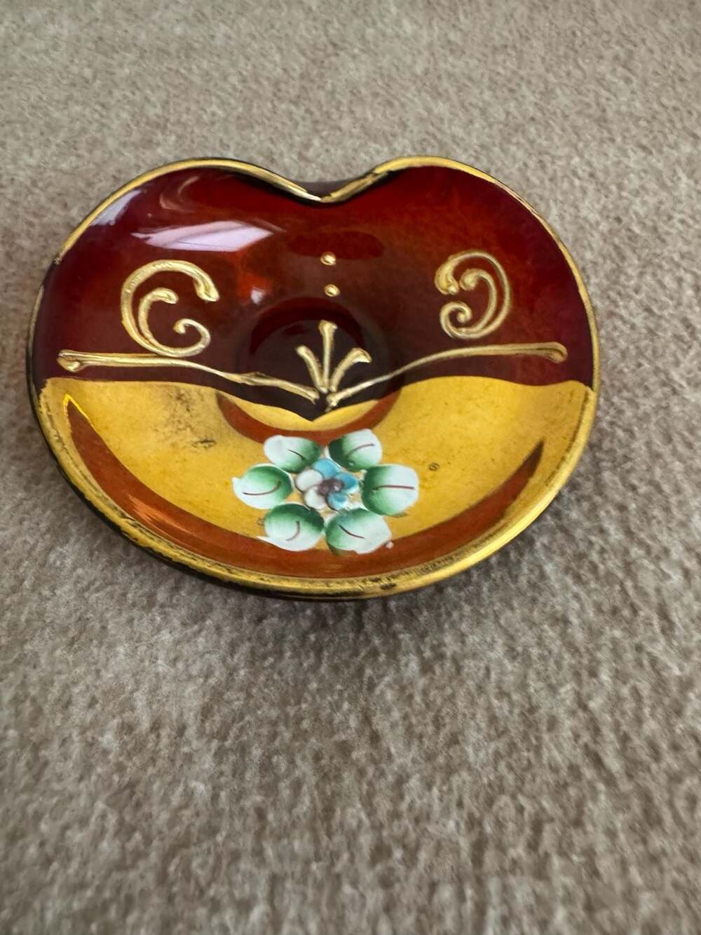 Vintage Italian Red and Gold Glass Trinket Dish with Floral Detail